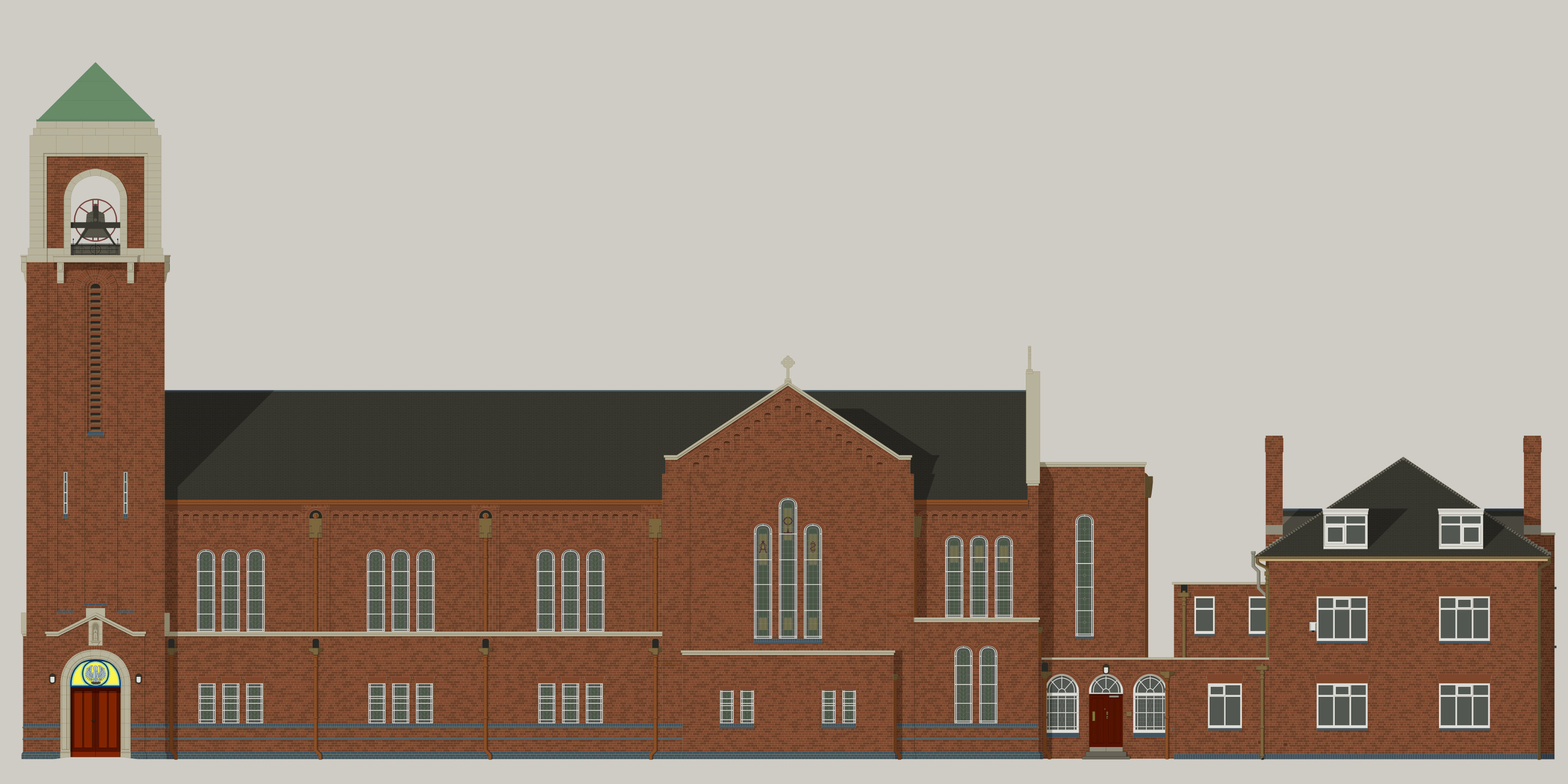 A pixel art illustration of All Souls and St John Vianney RC Church in Salford.