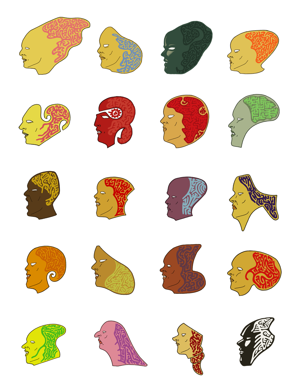 A series of illustrations showing the human profile and the labyrinth of the mind.