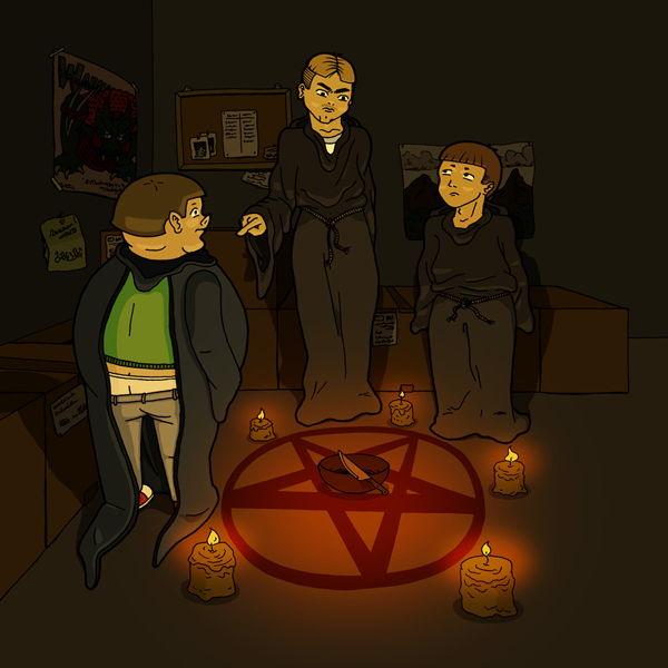 An illustration of three boys dressed in devil worship robes, based on a short story.